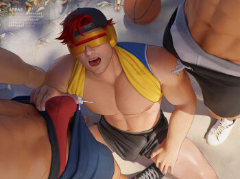 3boys appas backwards_hat bare_pectorals baseball_cap black_shorts blue_shorts brown_hair bulge clothes_lift cyclops_(x-men) erection erection_under_clothes gambit hat highres kneeling male_focus male_underwear male_underwear_peek marvel multiple_boys navel nipples open_mouth paid_reward_available pectorals red_male_underwear shirt_behind_neck shirt_lift short_hair shorts solo_focus tongue tongue_out topless_male underwear white_male_underwear wolverine_(x-men) x-men yaoi