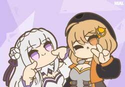 2girls ahoge animated anis_(nikke) beret black_jacket breasts brown_eyes brown_hair chibi cleavage crop_top dress emilia_(re:zero) flower goddess_of_victory:_nikke grey_dress grey_hair grey_shirt hair_flower hair_ornament hair_ribbon hairdressing hat jacket kuhl-notes long_hair medium_breasts multicolored_jacket multiple_girls orange_jacket purple_eyes re:zero_kara_hajimeru_isekai_seikatsu ribbon shirt short_hair tagme two-tone_jacket video
