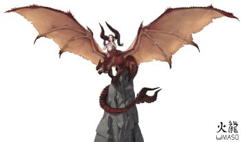 1girl absurdres breasts brown_eyes brown_hair centauroid collarbone commentary covering_breasts covering_privates dragon dragon_girl dragon_horns dragon_tail dragon_wings full_body hair_on_horn highres horns huge_horns long_hair looking_at_viewer medium_breasts monster_girl navel nude open_mouth original parted_bangs pointy_ears rock shadow sharp_teeth sidelocks signature simple_background solo stomach symbol-only_commentary tail taur teeth umaso_(eksldpf03) upper_teeth_only very_long_hair white_background wings