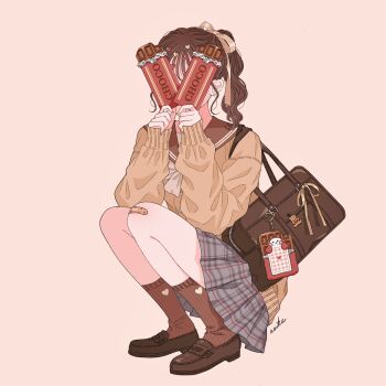 asuka_(a20_suka002018) bag bag_charm bandaid bandaid_on_knee bandaid_on_leg bow bowtie brown_bow brown_hair brown_sailor_collar candy charm_(object) chocolate chocolate_bar choppy_bangs food full_body hair_ornament highres holding holding_chocolate holding_food long_sleeves original pink_background pleated_skirt ponytail sailor_collar school_bag school_uniform simple_background skirt socks square variant_set