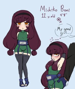 blue_background blush breath brown_eyes bullycon loli long_hair michiko_boni_(bullycon) naruto_(series) reference_sheet simple_background