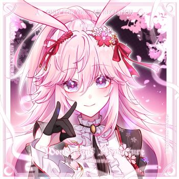 Rule 34 | 1girl, absurdres, animal ears, artist request, breasts, cherry blossoms, chinese commentary, commentary request, commission, flower, fox ears, fox girl, fox shadow puppet, hair flower, hair ornament, highres, honkai (series), honkai impact 3rd, long hair, looking at viewer, medium breasts, pink hair, purple eyes, second-party source, shoes, smile, solo, very long hair, watermark, white shoes, yae sakura