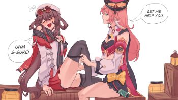 2girls absurdres artist_name black_thighhighs blush box brown_hair closed_eyes commentary crop_top detached_sleeves english_commentary english_text eyewear_on_head flying_sweatdrops genshin_impact green_eyes hair_rings hat heart heart_in_mouth highres horns hu_tao_(cherries_snow-laden)_(genshin_impact) hu_tao_(genshin_impact) ikkuccino long_hair long_sleeves multiple_girls on_box open_mouth pink_hair red-tinted_eyewear red_nails red_skirt round_eyewear simple_background sitting skirt speech_bubble sunglasses thighhighs tinted_eyewear twintails undressing_another white_background white_hat xiezhi_guan yanfei_(genshin_impact) yuri