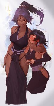 2girls absurdres artist_name bare_shoulders black_eyes black_hair black_kimono bleach blush breasts cleavage collarbone dark-skinned_female dark_skin detached_sleeves embarrassed grabbing_another's_chin hair_rings hairband hand_on_another's_chin height_difference highres japanese_clothes kimono large_breasts licking_lips long_hair medium_breasts multiple_girls ponytail purple_hair sash shihouin_yoruichi short_hair sideboob sideless_kimono sora_raion sparkle sui-feng thighs toned toned_female tongue tongue_out white_sash wide_hips yellow_eyes yuri