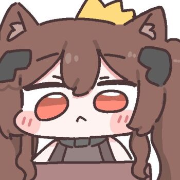 Rule 34 | :<, angelina (arknights), animal ears, arknights, arknights: endfield, blush stickers, brown hair, chibi, close-up, double-parted bangs, dress, fox ears, fox girl, gilberta (arknights), grey dress, hashtag-only commentary, headpiece, high collar, hodumileu, long hair, looking at viewer, lowres, no pupils, orange eyes, simple background, solo, upper body, white background