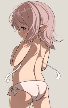 1girl ass bikini brown_eyes commentary_request cowboy_shot final_fantasy final_fantasy_xiv from_behind grey_background highres lalafell loli looking_at_viewer looking_back medium_hair parted_lips pink_hair pointy_ears shelldy simple_background solo swimsuit untied_bikini_top white_bikini