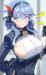 Rule 34 | 1girl, absurdres, ako (blue archive), bell, black gloves, blue archive, blue eyes, blue hair, blue jacket, blush, breasts, clipboard, commentary, earrings, film grain, gloves, gun, haerge, hair between eyes, halo, handgun, highres, holding, holding clipboard, holstered, jacket, jewelry, large breasts, looking at viewer, luger p08, neck bell, shirt, sideboob, sideless shirt, smile, solo, stud earrings, upper body, weapon, white shirt