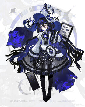 Rule 34 | 1girl, absurdres, black pantyhose, blue eyes, blue flower, blue hair, blue rose, blue theme, copyright request, cross, cross earrings, disembodied eye, double-parted bangs, dress, earrings, flower, frilled dress, frills, full body, gloves, hair between eyes, hand up, hat, heart (organ), high heels, highres, jewelry, juliet sleeves, light smile, long hair, long sleeves, looking to the side, mushroom, pantyhose, puffy sleeves, rabbit, rose, see-through cleavage, see-through clothes, single earring, very long hair, witch hat, yellow eyes, zuizui