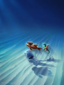 artist_name brown_hat chuck_(help!_i'm_a_fish) fish fly_(help!_i'm_a_fish) glasses hat help!_i'm_a_fish highres jellyfish pink_skirt pterosauridae sasha_(help!_i'm_a_fish) seahorse skirt starfish stella_(help!_i'm_a_fish) underwater