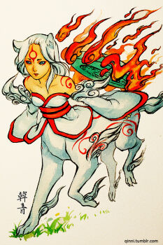Rule 34 | 1girl, amaterasu (ookami), animal ears, artist name, centauroid, commentary, divine markings, english commentary, fire, markings, monster girl, ookami (game), painting (medium), personification, qinni, reflector (ookami), signature, simple background, taur, traditional media, tumblr username, watercolor (medium), white hair, white wolf, wolf ears, wolf girl
