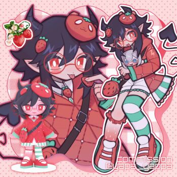 1other 3d androgynous animated animated_gif artist_name asymmetrical_legwear bag black_hair blinking blush_stickers character_doll commission doll food food-themed_hair_ornament frilled_socks frills fruit glasses hair_ornament handbag jacket looping_animation medium_hair mismatched_legwear original other_focus red-framed_eyewear red_eyes red_jacket round_eyewear shoes shorts sidelocks sneakers socks solo strawberry strawberry_hair_ornament striped_clothes striped_thighhighs thighhighs tongue tongue_out watermark white_shorts yappari