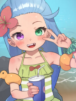 1girl bare_shoulders beach blue_eyes collarbone dot_nose eyelashes female_focus fingernails green_eyes green_one-piece_swimsuit hand_up heterochromia league_of_legends loli long_hair looking_at_viewer mimizuki90 missing_tooth ocean official_alternate_costume one-piece_swimsuit open_mouth pool_party_zoe purple_eyes sand smile soda solo striped_clothes striped_one-piece_swimsuit swimsuit teeth tongue upper_body v very_long_hair water white_one-piece_swimsuit zoe_(league_of_legends)