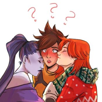 3girls ? blush brown_hair closed_eyes confused emily_(overwatch) freckles lipstick long_hair makeup multiple_girls overwatch overwatch_1 polygamy ponytail purple_hair red_hair sandwiched scarf sweater tracer_(overwatch) white_background widowmaker_(overwatch) yuri