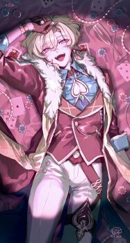 1boy arm_up aventurine_(honkai:_star_rail) black_gloves blonde_hair cape commentary earrings english_commentary gloves hair_between_eyes hashtag-only_commentary highres honkai:_star_rail honkai_(series) jacket jewelry looking_at_viewer loversanywhere lying on_back open_mouth pants pink_eyes short_hair teeth white_pants