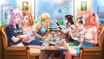 abs becky_montanari bikini blonde_hair blue_eyes braid braided_bangs breasts cecilia_campbell cleavage debora_rosado drink elisa_anker food ge_xi hair_ornament hamana_akane highres jewelry large_breasts lien_ai-chiang long_hair muscular muscular_female navel obliques open_mouth orange_eyes orange_hair parfait ponytail smile swimsuit tea very_long_hair witches_in_7th_base yuri