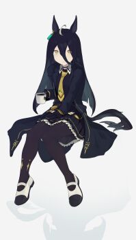 Rule 34 | 1girl, absurdres, ahoge, animal ears, black coat, black gloves, black hair, coat, coffee mug, collared shirt, commentary request, cup, ear tag, earrings, gloves, hair between eyes, highres, horse ears, horse girl, horse tail, jewelry, korigitsune, long bangs, long hair, long hair between eyes, long sleeves, manhattan cafe (creeping shadow) (umamusume), manhattan cafe (umamusume), mug, multicolored hair, necktie, shirt, single earring, skirt, solo, tail, umamusume, white hair, yellow eyes, yellow necktie