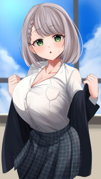 1girl absurdres black_jacket blue_skirt blue_sky blush braid breasts cleavage cloud collared_shirt commentary_request cowboy_shot day green_eyes grey_hair hands_up highres hololive hot indoors jacket jacket_partially_removed large_breasts long_sleeves looking_at_viewer official_alternate_costume open_mouth plaid_clothes plaid_skirt pleated_skirt ramkilog removing_jacket school_uniform shirogane_noel shirogane_noel_(school_uniform) shirt short_hair skirt sky solo sweat tented_shirt virtual_youtuber white_shirt window