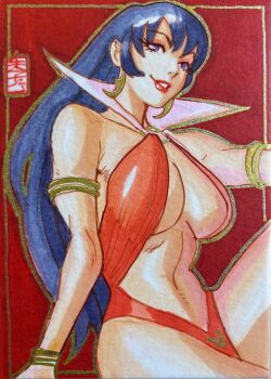 1girl acecore2k armlet black_hair blue_eyes breasts cleavage commentary earrings english_commentary gold_armlet grin highres jewelry large_breasts linea_alba long_hair marker_(medium) midriff navel o-ring o-ring_swimsuit one-piece_swimsuit pen_(medium) pinup_(style) red_background red_lips red_one-piece_swimsuit red_slingshot_swimsuit sitting slingshot_swimsuit smile solo swimsuit traditional_media underboob vampire vampirella vampirella_(character)