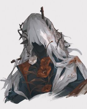 1boy blue_coat charon_(reverse:1999) coat covered_face cropped_torso flower grey_background highres male_focus panmee poppy_(flower) red_flower reverse:1999 solo thorns upper_body veil white_flower white_veil