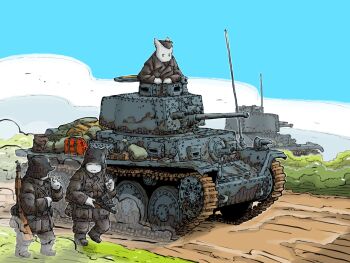 Rule 34 | 3boys, blue sky, cannon, cat boy, caterpillar tracks, day, dirt road, gun, highres, jerry can, machine gun, military vehicle, motor vehicle, multiple boys, original, panzer 38(t), path, road, sky, tank, vehicle focus, weapon, yabarn