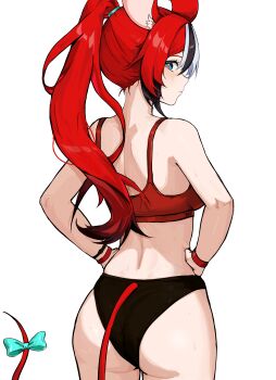 1girl absurdres alternate_costume animal_ear_fluff animal_ears ass black_buruma black_hair blue_bow blue_eyes bow bracelet breasts bright_pupils buruma commentary cowboy_shot from_behind hair_tie hakos_baelz hands_on_own_hips highres hololive hololive_english jewelry long_hair looking_at_viewer looking_back mouse_ears mouse_girl mouse_tail multicolored_hair ponytail red_hair red_sports_bra sideboob simple_background sports_bra standing streaked_hair sweat tail tail_bow tail_ornament ttsyrene virtual_youtuber white_background white_hair white_pupils