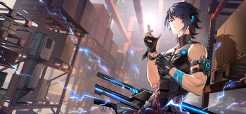 1boy absurdres adjusting_wristband armor backlighting bandolier belt bijian_de_linghun black_gloves blue_hair box cardboard_box closed_mouth commentary_request gloves hand_up headset highres indoors katana lightning looking_at_viewer male_focus metal_wrist_cuffs muscular muscular_male original partially_fingerless_gloves shadow sheath shelf short_hair solo storage_room sword upper_body veins weapon