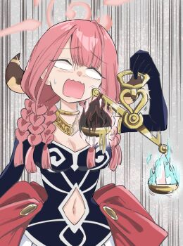 1girl aru_(blue_archive) aura_(sousou_no_frieren) aura_(sousou_no_frieren)_(cosplay) auserlese balance_scale blank_eyes blue_archive braid breasts clothing_cutout cosplay defeat defeated_villainess elbow_gloves gloves halo holding_scale horns large_breasts long_hair low-braided_long_hair low-tied_long_hair mind_control navel navel_cutout open_mouth pink_hair solo sousou_no_frieren upper_body watanabe_masafumi_(masafumi_127) weighing_scale