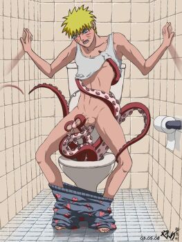 1boy anal bathroom blush clothes_lift full_body indoors male_focus male_penetrated naruto_(classic) naruto_(series) nipple_stimulation nipple_tweak object_insertion octopus octopus_tentacles penis rape shirt_lift solo surprised tentaclejob tentacles tentacles_on_male toilet uncensored underwear undressing urethral_insertion uzumaki_naruto yael