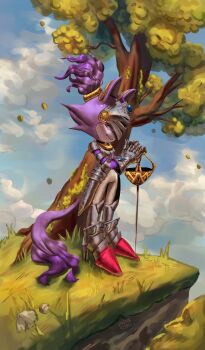 Rule 34 | 1girl, animal ears, blaze the cat, blue gem, cat ears, cat girl, cat tail, cliff, cloud, club208423959, ear armor, gauntlets, gem, highres, holding, holding sword, holding weapon, knight, percival (sonic), planted, planted sword, planted weapon, purple fur, rapier, smile, solo, sonic (series), sonic and the black knight, sword, tail, tree, visor (armor), weapon, wind