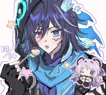 1boy 1girl animal_ear_fluff animal_ears bat_ears black_gloves blue_eyes blue_hair blush cake chibi chibi_inset citlali_(genshin_impact) facial_mark fingerless_gloves food fork fruit genshin_impact gloves grandmother_and_grandson hair_between_eyes hand_up hashtag-only_commentary heterochromia highres holding holding_fork long_hair male_focus medium_hair multicolored_hair open_mouth ororon_(genshin_impact) pink_eyes portrait scarf star_(symbol) strawberry y9jwa