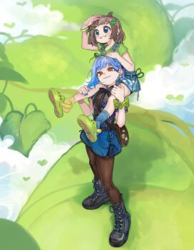 2girls absurdres blue_hair blush boots brown_hair crocs crossover freckles girutea highres indie_virtual_youtuber lily_hopkins multiple_girls plant sitting sitting_on_shoulders soyapoya_(vtuber) standing virtual_youtuber