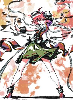 1girl bun_cover chinese_commentary commentary_request cuffs double_bun full_body green_skirt hair_bun highres ibaraki_kasen looking_at_viewer pink_eyes pink_hair puffy_short_sleeves puffy_sleeves red_shoes red_tabard ribbon-trimmed_skirt ribbon_trim shackles shirt shoes short_sleeves skirt socks solo tabard touhou white_shirt white_socks xiao'an_de_kaoroufan