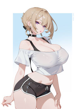 1girl absurdres black_choker black_shorts blonde_hair blue_background bra_strap breasts choker cleavage closed_mouth commentary covered_erect_nipples dolphin_shorts earrings english_commentary evelyn_chevalier gradient_background hair_up highres jewelry large_breasts melowh navel off_shoulder pink_lips purple_eyes ring_hair_ornament shirt shorts simple_background single_bare_shoulder solo uneven_bangs white_background white_shirt zenless_zone_zero