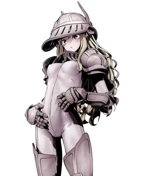 1girl armor armored_boots blonde_hair bodysuit boots breasts commentary_request gauntlets groin halberd helmet highres holding holding_polearm holding_weapon long_hair looking_at_viewer original polearm sato_yoshimi shoulder_armor simple_background solo standing weapon white_background white_bodysuit