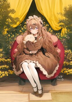 1girl animal_ears black_bow black_shoes bow brown_dress brown_hair closed_mouth couch curly_hair curtains dress footwear_bow hair_bow highres long_hair long_sleeves looking_at_viewer mary_janes nyum on_couch original pantyhose purple_eyes shoes sitting smile solo stuffed_toy white_pantyhose