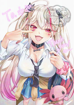 Rule 34 | 1girl, :d, ahoge, arm up, bear trap, black necktie, blue skirt, blush, breasts, choker, cleavage, clothes around waist, commentary request, facial mark, fingernails, goddess of victory: nikke, gradient hair, hieroglyphics, highres, jackal (class troublemaker) (nikke), jackal (nikke), large breasts, lens flare, long fingernails, long hair, looking at viewer, loose necktie, multicolored hair, necktie, official alternate costume, open mouth, pink eyes, pink nails, pink streaks, pleated skirt, scrunchie, shirt, skirt, smile, solo, standing, streaked hair, thank you, twintails, v, v over eye, very long hair, white shirt, wrist scrunchie, yumihama ema