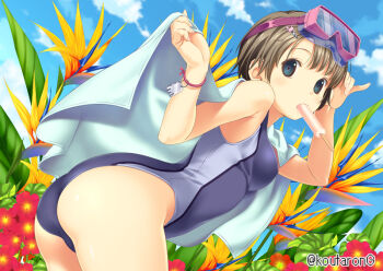 1girl artist_name ass black_eyes blue_sky breasts brown_hair cloud competition_swimsuit day flower food food_in_mouth garden goggles goggles_on_head ice_cream koutaro medium_breasts one-piece_swimsuit original outdoors short_hair sky solo swimsuit towel