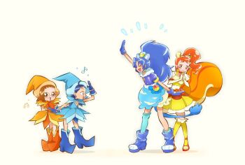 4girls ^_^ animal_ear_fluff animal_ears apron arisugawa_himari arm_up asymmetrical_legwear beamed_eighth_notes big_hair blue_apron blue_boots blue_choker blue_dress blue_eyes blue_gloves blue_hair blue_hat blue_shirt blue_socks blue_thighhighs boots bracelet brown_eyes brown_hair bubble_skirt cherry_earrings child choker closed_eyes closed_mouth color_connection commentary crossover crown crown_earrings cure_custard cure_gelato dress earrings eighth_note elbow_gloves fang food-themed_earrings food_themed_earrings fujiwara_hazuki full_body glasses gloves hairband hands_up hat highres jewelry kirakira_precure_a_la_mode kneehighs lion_ears lion_girl lion_tail long_hair looking_at_another magical_girl mini_crown multiple_girls musical_note notice_lines ojamajo_doremi open-toe_shoes open_mouth orange_boots orange_dress orange_eyes orange_gloves orange_hair orange_hat orange_shoes paw_socks pearl_bracelet pointy_boots ponytail precure red_choker round_eyewear senoo_aiko shirt shoes short_hair short_sleeves simple_background single_sock single_thighhigh skirt smile socks squirrel_ears squirrel_girl squirrel_tail standing tail tategami_aoi thighhighs waist_apron waving white_background white_gloves white_skirt witch_hat yellow_dress yellow_hairband yellow_socks yuu13