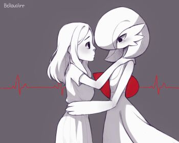 2girls absurdres artist_self-insert averting_eyes bellavoirr bob_cut breasts cardiogram closed_mouth cowboy_shot female_focus flat_chest from_side gardevoir gen_3_pokemon grey_background greyscale hair_over_one_eye half-closed_eyes hand_on_another's_shoulder hand_on_another's_waist hand_up heartbeat highres long_hair looking_at_another looking_down monochrome multiple_girls nintendo no_mouth original parted_bangs pleated_skirt pokemon pokemon_(creature) pokephilia profile sad shirt shirt_tucked_in short_hair short_sleeves sidelocks simple_background sketch skirt small_breasts spot_color standing tears