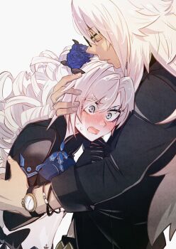 1boy 1girl bikini black-framed_eyewear black_bikini black_bow black_gloves black_shirt black_shrug blue_flower blue_rose blush bow bracelet chest_tattoo closed_eyes closed_mouth drill_hair fate/grand_order fate_(series) flower from_side glasses gloves glowing glowing_tattoo grey_background grey_eyes hair_between_eyes hair_flower hair_ornament hand_in_another&#039;s_hair hand_on_another&#039;s_arm hand_up hands_up hetero highres hug husband_and_wife iris_(tb33064667) jewelry kriemhild_(fate) kriemhild_(swimsuit_rider)_(fate) kriemhild_(swimsuit_rider)_(first_ascension)_(fate) long_hair long_sleeves navel_piercing open_mouth piercing rose see-through_cleavage see-through_clothes shirt shrug_(clothing) siegfried_(fate) siegfried_(super_cool_biz)_(fate) simple_background sweat swimsuit tattoo watch white_hair wide-eyed wristwatch