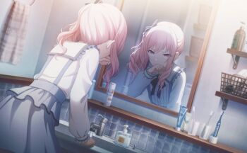 1other akiyama_mizuki bathroom black_ribbon blue_skirt boku_no_ashiato_kimi_no_yukusaki_(project_sekai) colorful_palette cup electric_toothbrush frilled_skirt frills game_cg highres long_sleeves mirror neck_ribbon official_art pink_eyes pink_hair project_sekai puffy_long_sleeves puffy_sleeves reflection ribbon shirt side_ponytail sink skirt sleeves_past_wrists soap_bottle solo suspender_skirt suspenders third-party_source toothbrush toothpaste white_shirt