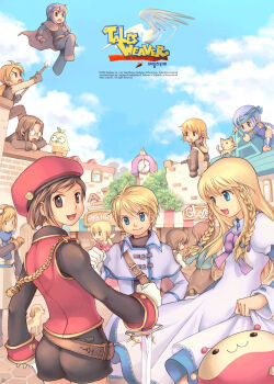 4leaf 5boys 6+girls :d aqua_headband baby_animal badge belt beret black_boots black_gloves black_pants black_shirt black_shorts black_sleeves blue_dress blue_eyes blue_gloves blue_scarf blue_sky blue_sleeves boots boris_jinneman bow braid breasts brick_wall brown_belt brown_cloak brown_coat brown_gloves brown_hair brown_skirt brown_sleeves buttoned_cuffs buttons capelet capelet_belt cat cloak clock clock_tower closed_mouth clothes_lift cloud coat commentary_request company_name constricted_pupils cross-laced_armwear day detached_sleeves dog dorothy_(tales_weaver) dress dress_lift english_text glasses gloves goggles goggles_on_head green_shirt hair_tie hat headband high_collar holding holding_polearm holding_sword holding_weapon ispin_charles jacket jellyppi knee_boots korean_commentary korean_text layered_dress layered_sleeves logo long_hair long_skirt long_sleeves longsword_goodknight looking_at_viewer loose_belt low-braided_long_hair low-tied_long_hair low_ponytail lucian_kaltz maximin_liebkne medium_breasts medium_dress mila_nebraska multiple_boys multiple_girls nayatrei nexon official_art opaque_glasses open_mouth orange_hair outdoors pants photoshop_(medium) pink_dress plain_epaulettes polearm ponytail puppy purple_bow red_bow red_hat red_jacket round_door scarf shirt short_hair short_over_long_sleeves short_sleeves shorts signature single_braid sitting sivelin_uuo skirt sky sleeve_cuffs sleeveless sleeveless_jacket slime_(creature) small_pupils smile softmax stone_walkway striped_fur sweatdrop sword tales_weaver tassel third-party_source tichiel_juspian tiv tongue torn_clothes torn_shirt tower town tunic tutu_(tales_weaver) twin_braids twintails very_long_hair weapon white_capelet white_coat white_gloves white_sleeves white_tunic