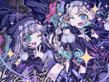 Rule 34 | 2girls, anyoji hime, beanie, black skirt, blonde hair, blue hair, braid, breasts, commentary request, cross (ivcrowss), crotchless, crotchless pants, fang, gradient hair, hat, headphones, headphones around neck, highres, inward v, link! like! love live!, long hair, looking at viewer, love live!, low twin braids, medium breasts, midriff, miniskirt, mira-cra park!, multicolored hair, multiple girls, navel, official alternate costume, osawa rurino, pants, pink hair, purple hat, purple pants, purple shirt, purple shorts, shirt, short shorts, shorts, skirt, twin braids, v, virtual youtuber