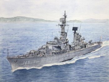 atelier_bono cannon cloud cloudy_sky commentary_request destroyer flag highres japan_maritime_self-defense_force japan_self-defense_force jds_amatsukaze_(ddg-163) mast military military_vehicle missile mountainous_horizon no_humans ocean original outdoors painting_(medium) rising_sun_flag rocket_launcher sailing scenery ship ship_turret sky smokestack sunburst traditional_media vehicle_focus warship watercolor_(medium) watercraft waves weapon