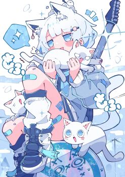 Rule 34 | 1girl, :d, absurdres, animal, animal ear fluff, animal ears, bandaid, bandaid on knee, bandaid on leg, blue boots, blue eyes, blue necktie, blue skirt, blunt bangs, blush, boots, cat, cat ears, cat girl, cat tail, commentary request, full body, grey jacket, hair ornament, hairclip, haru57928031, highres, jacket, knee up, long sleeves, miniskirt, necktie, notice lines, open mouth, original, paw hair ornament, pleated skirt, short hair, sitting, skirt, smile, socks, solo, sparkle, spoken sparkle, tail, white hair, white socks