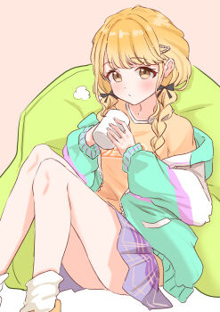 1girl ass bare_legs black_ribbon blonde_hair blue_skirt blush braid commentary_request cup fingernails fujita_kotone gakuen_idolmaster hair_ribbon highres holding holding_cup idolmaster jacket jacket_partially_removed knees_up mug multicolored_jacket ojiramiiiii partial_commentary ribbon shirt sitting skirt socks solo twin_braids white_socks yellow_eyes yellow_shirt