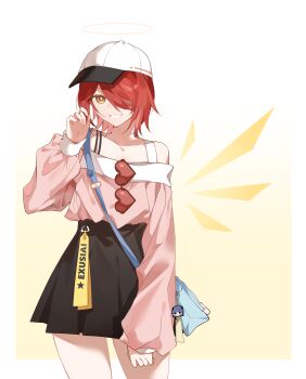 1girl absurdres alternate_costume arknights ayster bag_charm bare_shoulders baseball_cap black_skirt blue_bag character_charm charm_(object) chinese_commentary commentary_request detached_wings energy_wings exusiai_(arknights) eyewear_hang hair_over_one_eye halo hand_up hat heart heart-shaped_eyewear highres looking_at_viewer miniskirt mostima_(arknights) off-shoulder_shirt off_shoulder pink_shirt pleated_skirt red_hair shirt short_hair skirt smile solo standing traditional_halo unworn_eyewear white_hat wings