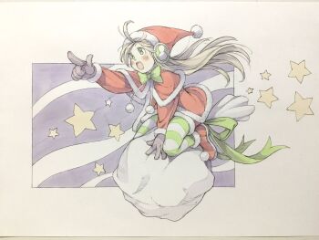 1girl ahoge black_gloves blonde_hair bow bowtie capelet christmas coat commentary_request drawstring earmuffs full_body fur-trimmed_capelet fur-trimmed_coat fur-trimmed_headwear fur-trimmed_shoes fur-trimmed_shorts fur_trim gloves green_bow green_bowtie green_eyes green_ribbon green_thighhighs hat highres long_hair open_mouth original peter_salt pointing red_capelet red_coat red_hat red_shoes red_shorts ribbon sack shoes shorts sitting sitting_on_object smile solo star_(symbol) striped_clothes striped_thighhighs thighhighs traditional_media