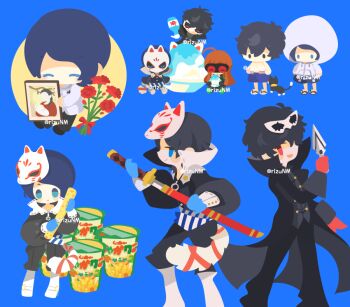 Rule 34 | 1girl, 2boys, ^ ^, amamiya ren, animal, black pants, blue background, blue eyes, blue gloves, blue hair, blue swim trunks, boots, cat, closed eyes, coat, commentary request, drawing sword, flower, fox (persona 5), fox mask, fox tail, gloves, holding, holding knife, holding painting, holding sword, holding weapon, hood, hood up, hoodie, instant cup noodles, instant noodles, jacket, joker (persona 5), katana, kitagawa yuusuke, knife, long sleeves, male focus, male swimwear, mask, mask on head, morgana (cat) (persona 5), morgana (persona 5), multiple boys, multiple views, night vision device, open mouth, oracle (persona 5), orange hair, painting (object), pants, parted bangs, persona, persona 5, red eyes, red flower, red gloves, rizu (rizunm), sakura futaba, sandals, simple background, smile, swim trunks, sword, tail, weapon, white boots, white hoodie, white jacket