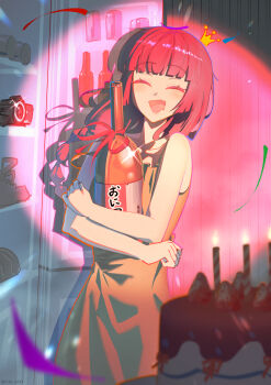 1girl :d alcohol artist_name bare_shoulders beer_can birthday birthday_cake bocchi_the_rock! bottle cake can candle candlelight choq3 closed_eyes commentary confetti crown dress drink_can drooling english_commentary facing_viewer fang food green_dress happy happy_birthday highres hiroi_kikuri holding holding_bottle long_hair mini_crown open_mouth red_hair red_ribbon refrigerator ribbon skin_fang sleeveless sleeveless_dress smile solo